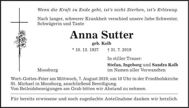 Traueranzeige Anna Sutter