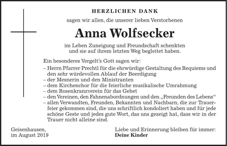 Traueranzeige Anna Wolfsecker