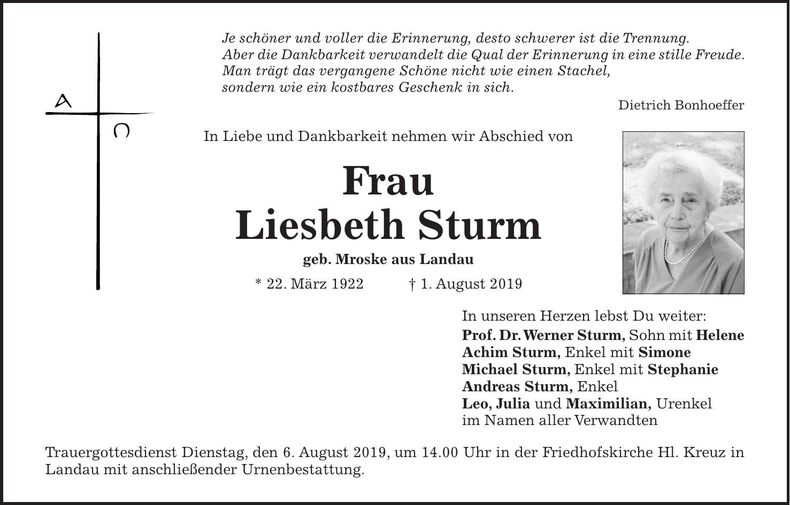 Traueranzeige Liesbeth Sturm