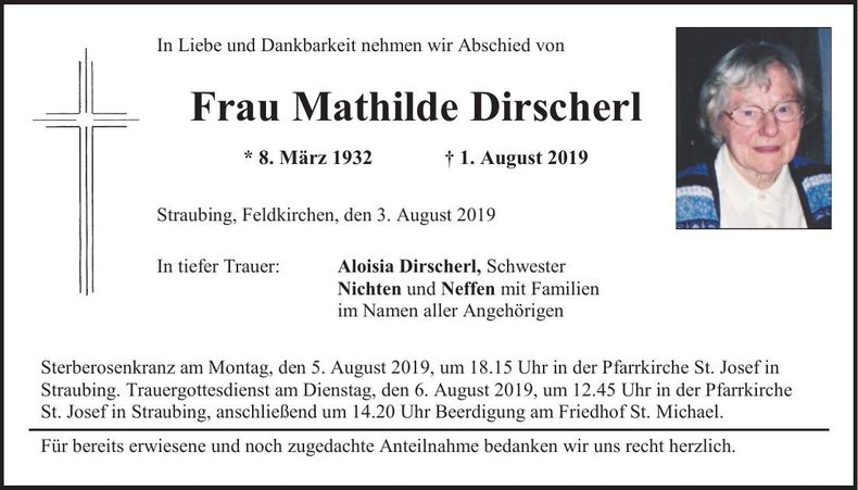 Traueranzeige Mathilde Dirscherl