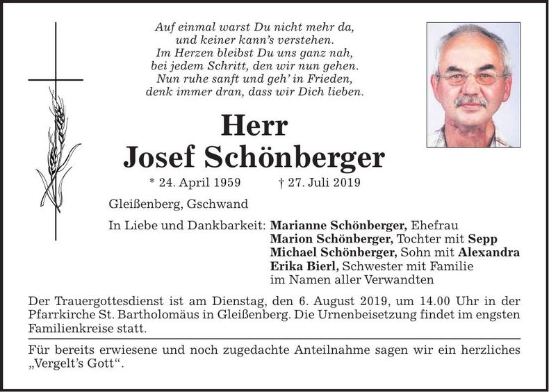 Traueranzeige Josef Schönberger