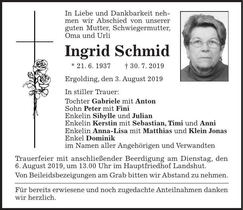 Traueranzeige Ingrid Schmid