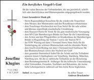Traueranzeige Josefine Klugius