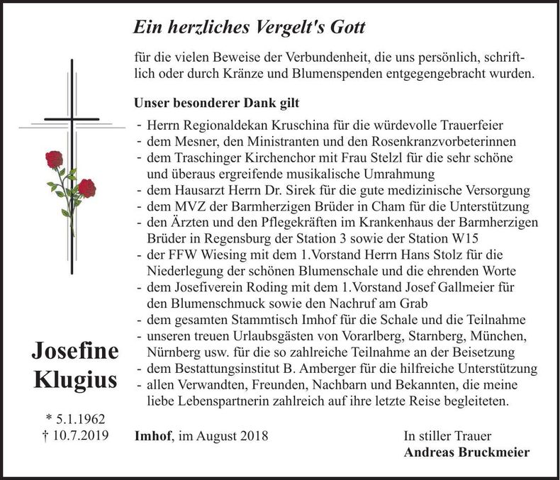 Traueranzeige Josefine Klugius