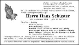 Traueranzeige Hans Schuster