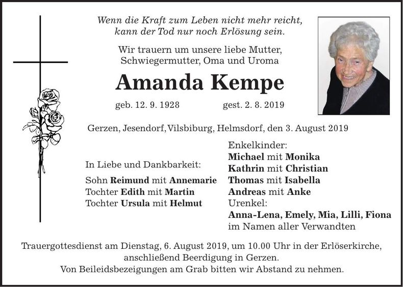 Traueranzeige Amanda Kempe