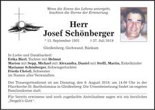 Traueranzeige Josef Schönberger