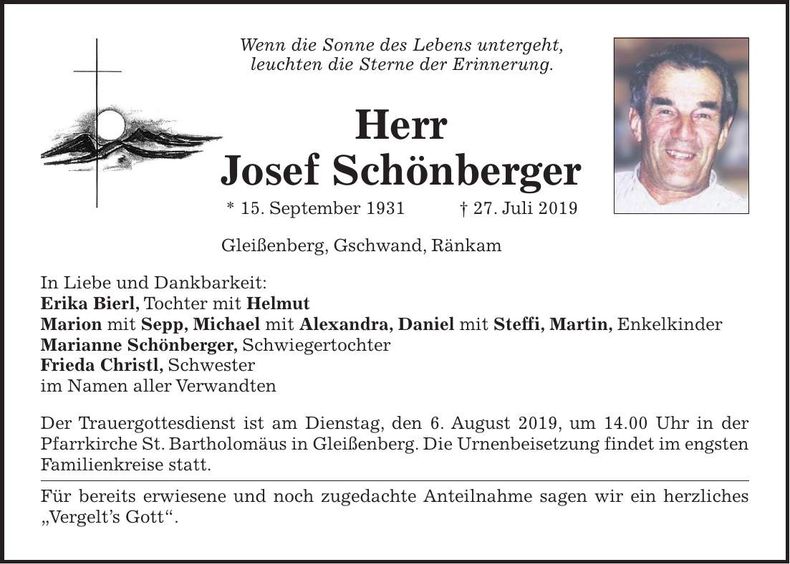 Traueranzeige Josef Schönberger