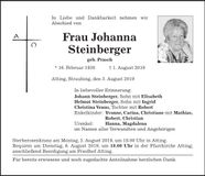 Traueranzeige Johanna Steinberger