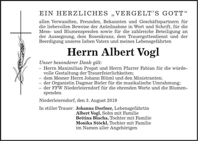 Traueranzeige Albert Vogl