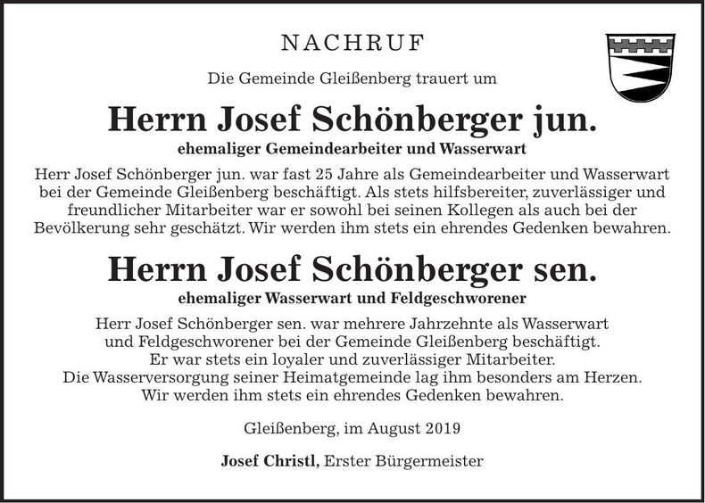 Traueranzeige Josef Schönberger