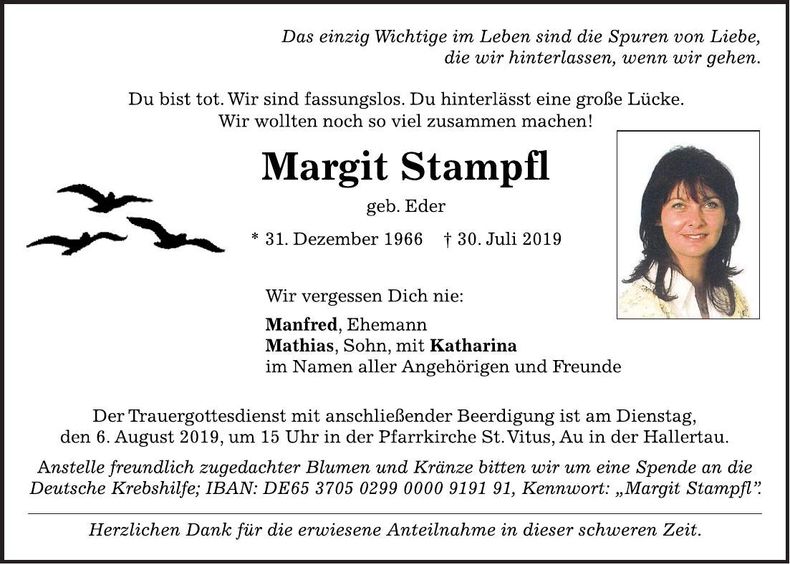 Traueranzeige Margit Stampfl