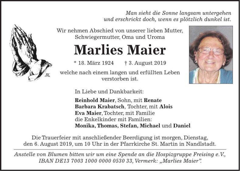 Traueranzeige Marlies Maier