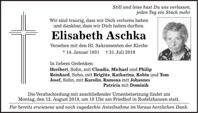 Traueranzeige Elisabeth Aschka