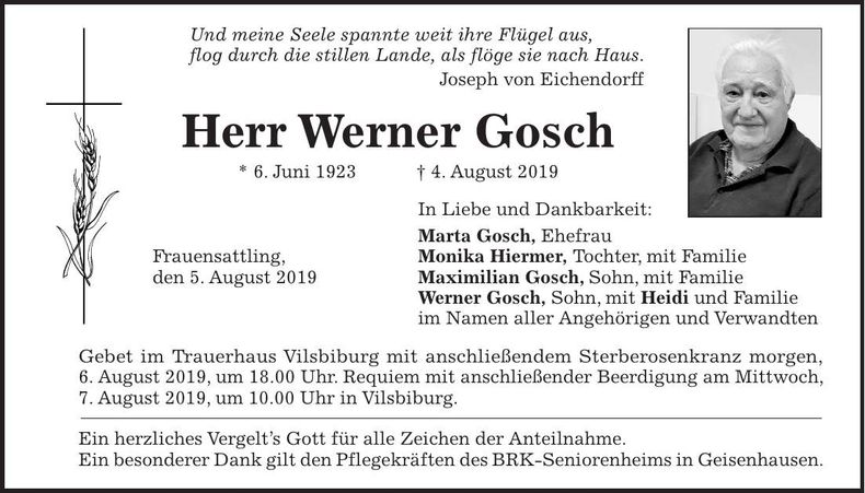Traueranzeige Werner Gosch