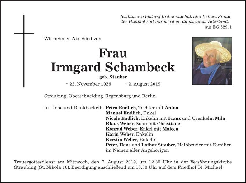 Traueranzeige Irmgard Schambeck