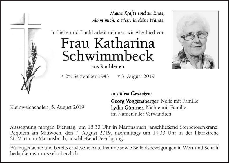 Traueranzeige Katharina Schwimmbeck