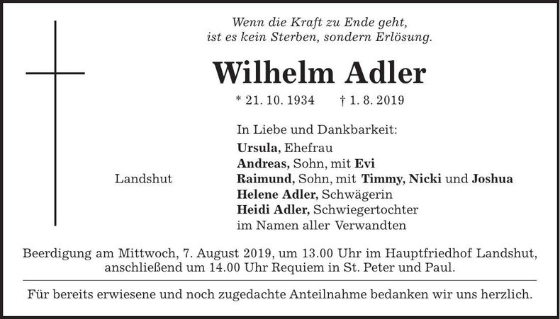 Traueranzeige Wilhelm Adler