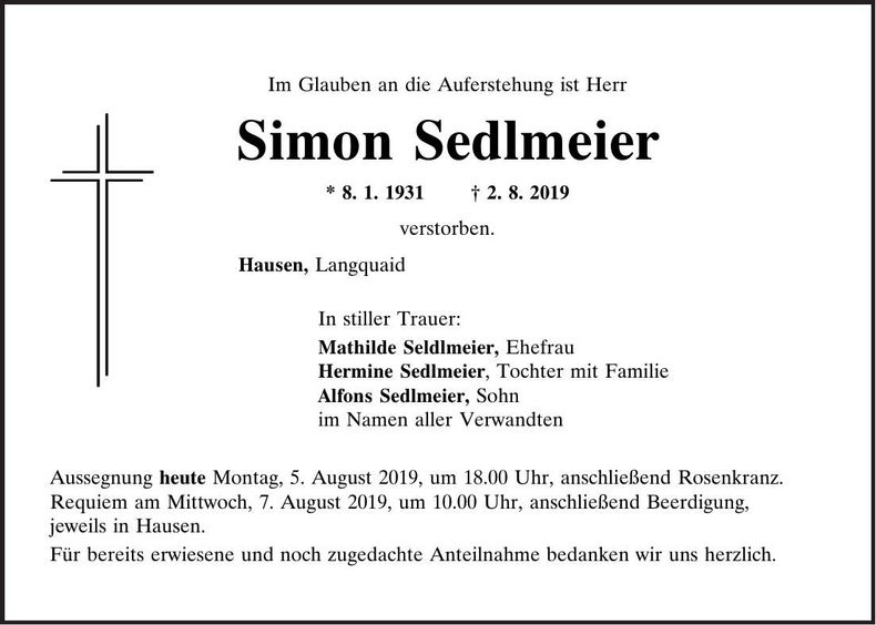 Traueranzeige Simon Sedlmeier