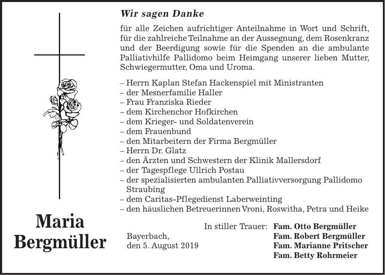 Traueranzeige Maria Bergmüller