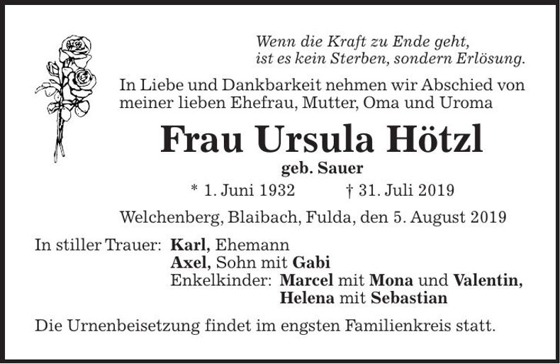Traueranzeige Ursula Hötzl