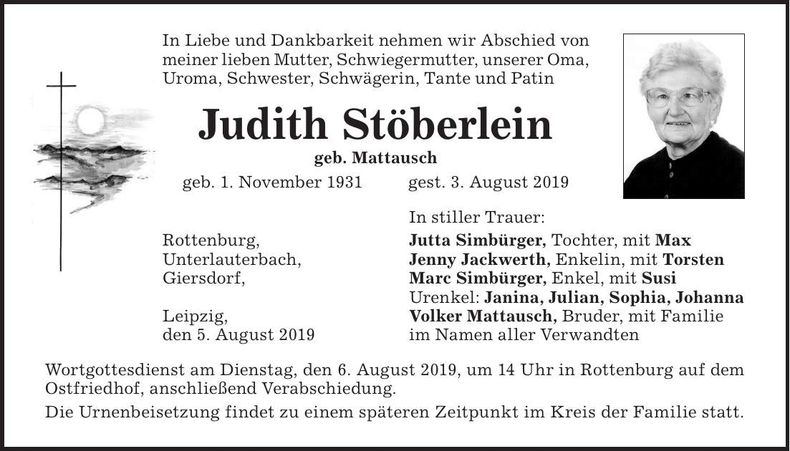 Traueranzeige Judith Stöberlein
