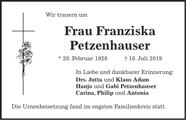 Traueranzeige Franziska Petzenhauser