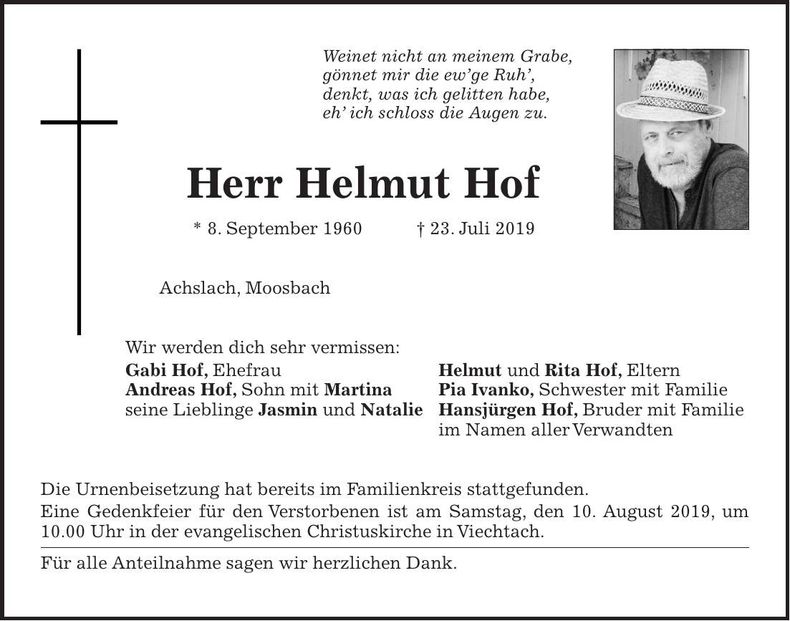 Traueranzeige Helmut Hof