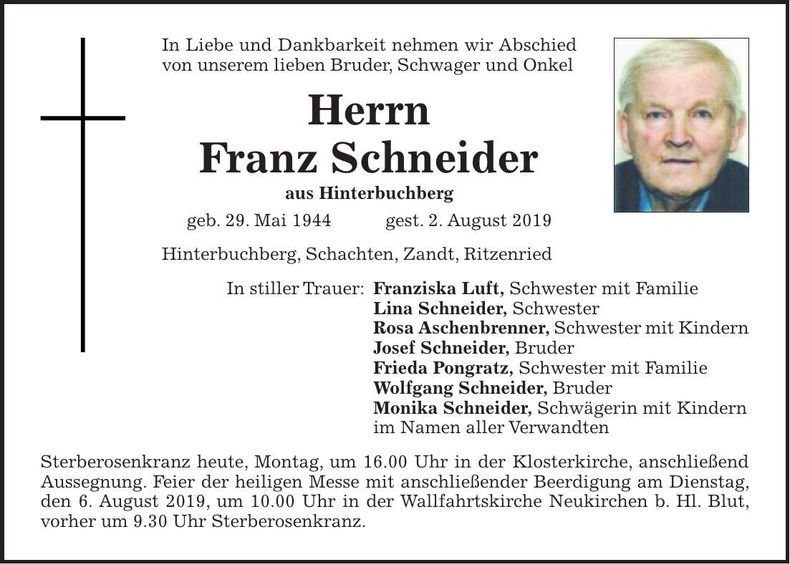 Traueranzeige Franz Schneider