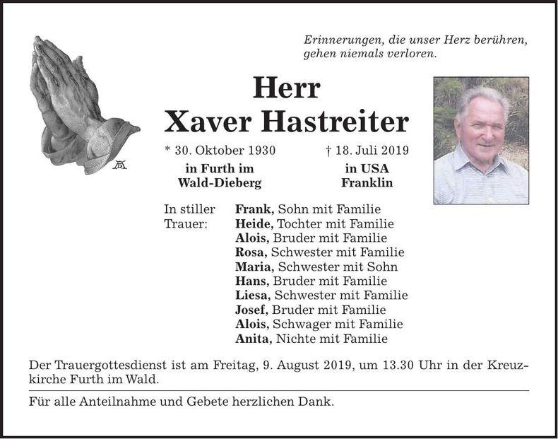 Traueranzeige Xaver Hastreiter