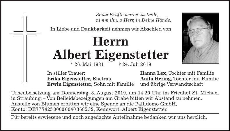 Traueranzeige Albert Eigenstetter