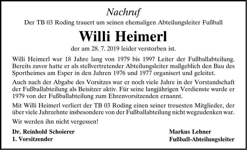 Traueranzeige Willi Heimerl