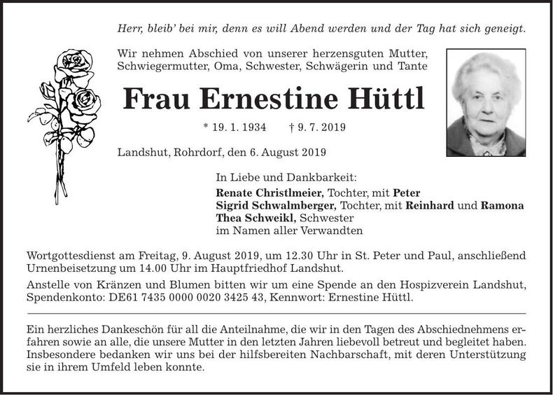 Traueranzeige Ernestine Hüttl