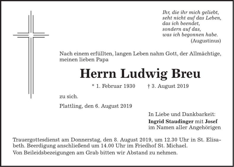 Traueranzeige Ludwig Breu