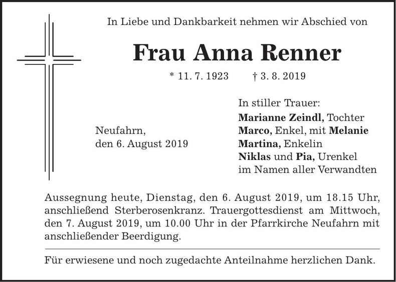 Traueranzeige Anna Renner
