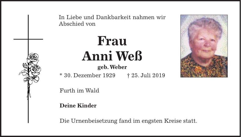 Traueranzeige Anni Weß