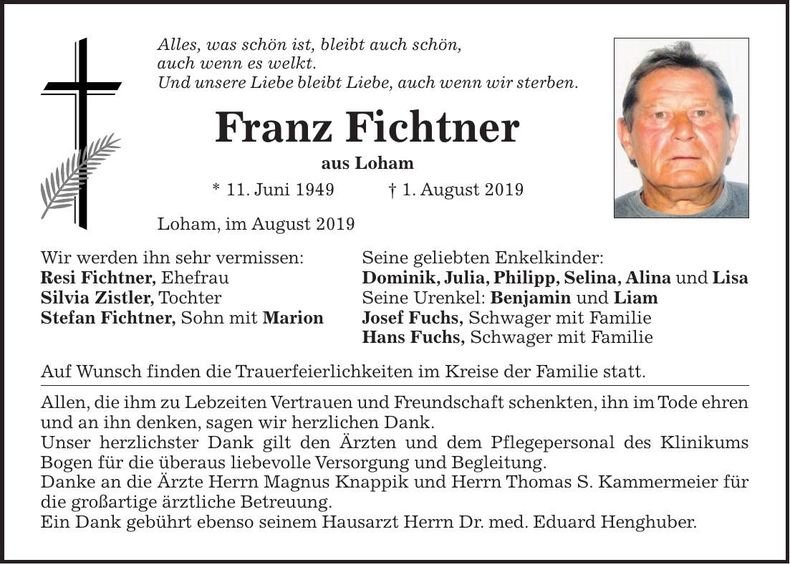 Traueranzeige Franz Fichtner