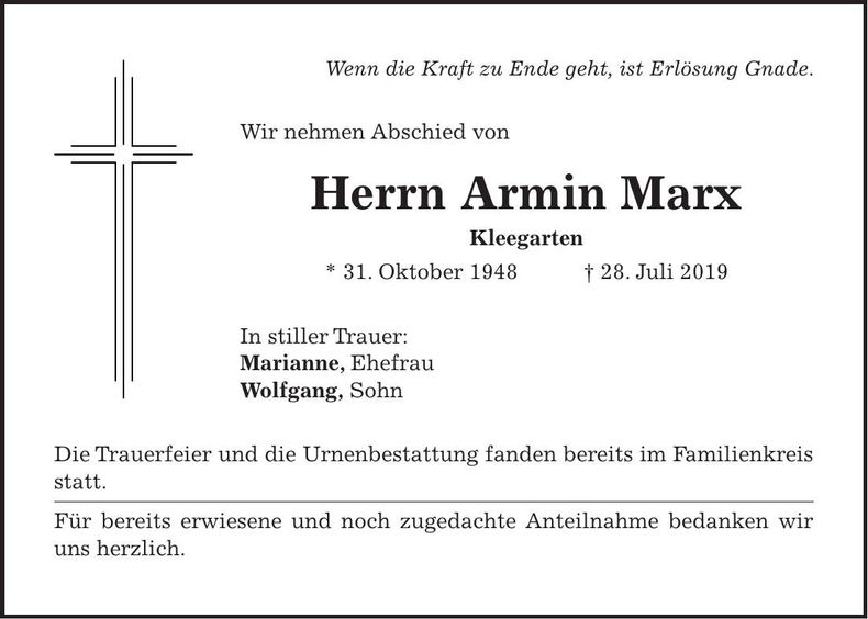 Traueranzeige Armin Marx