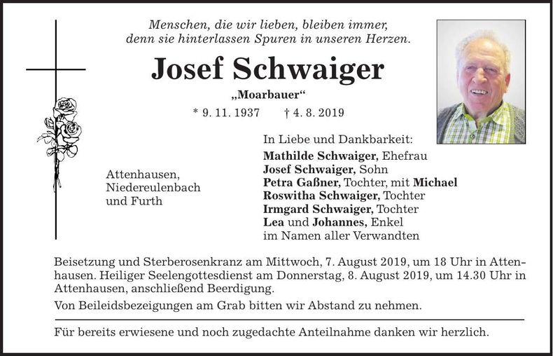 Traueranzeige Josef Schwaiger