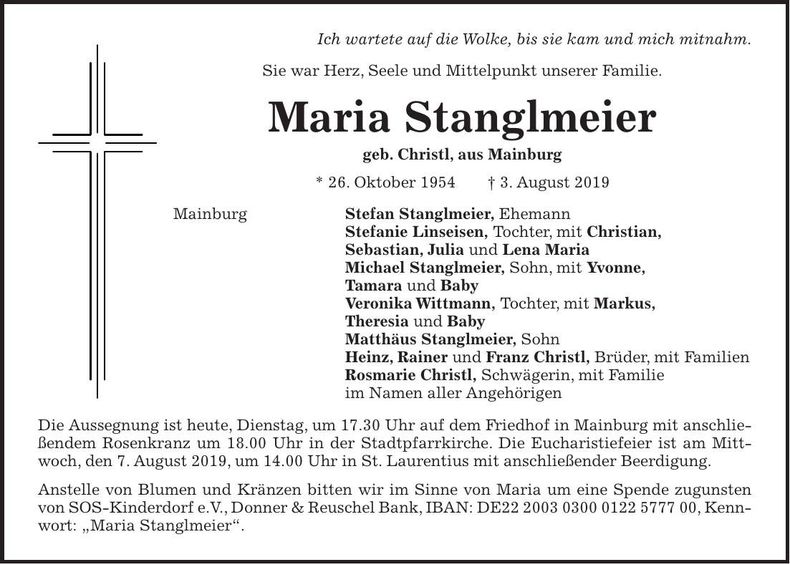 Traueranzeige Maria Stanglmeier