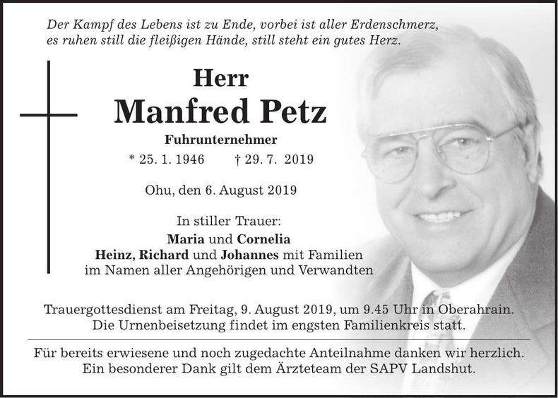 Traueranzeige Manfred Petz