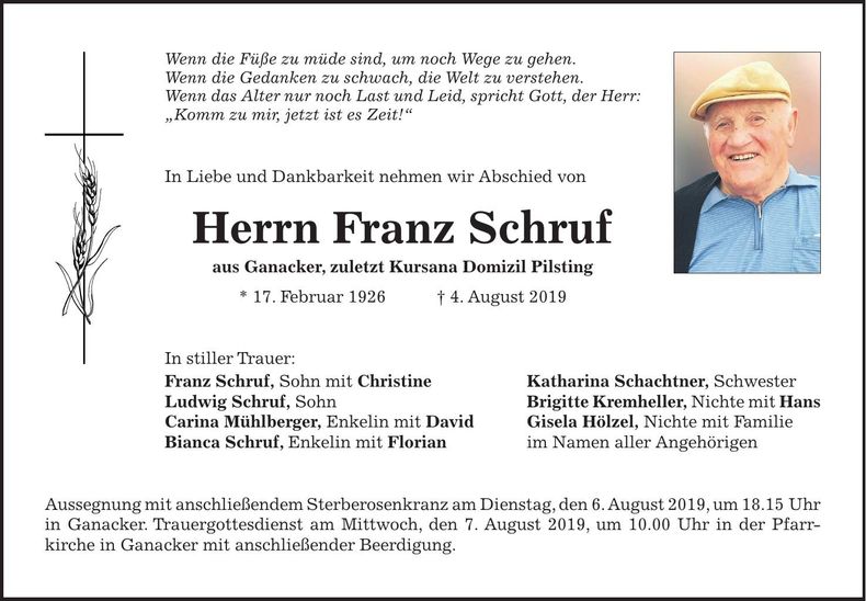 Traueranzeige Franz Schruf