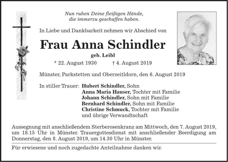 Traueranzeige Anna Schindler