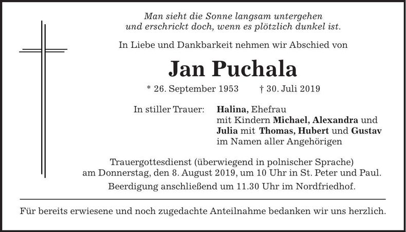 Traueranzeige Jan Puchala