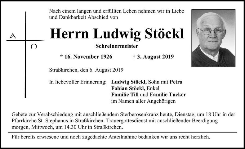 Traueranzeige Ludwig Stöckl