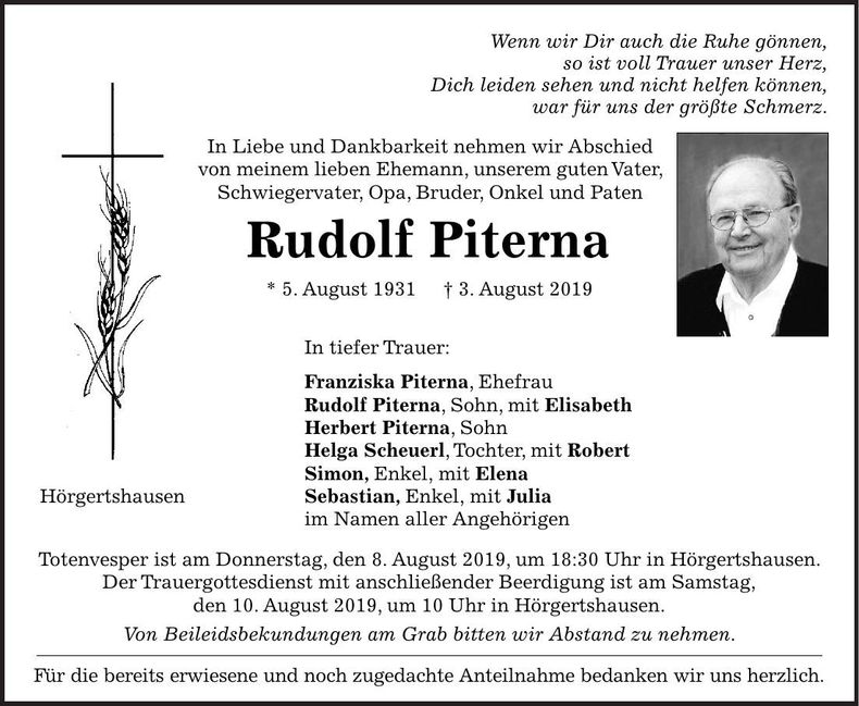 Traueranzeige Rudolf Piterna