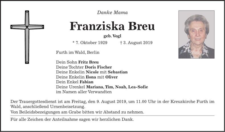 Traueranzeige Franziska Breu