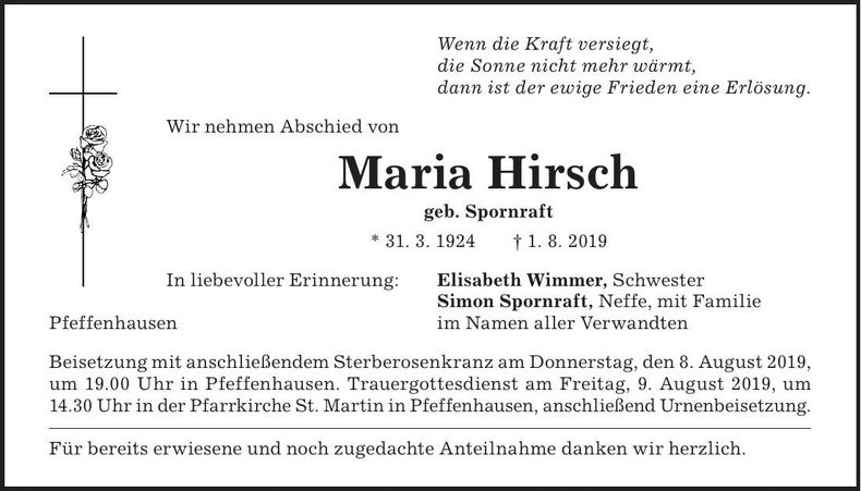Traueranzeige Maria Hirsch