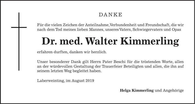 Traueranzeige Walter Dr. med. Kimmerling