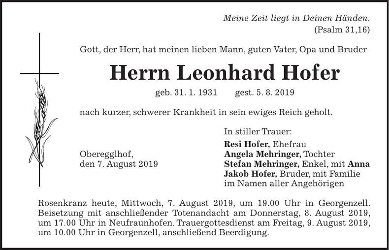 Traueranzeige Leonhard Hofer